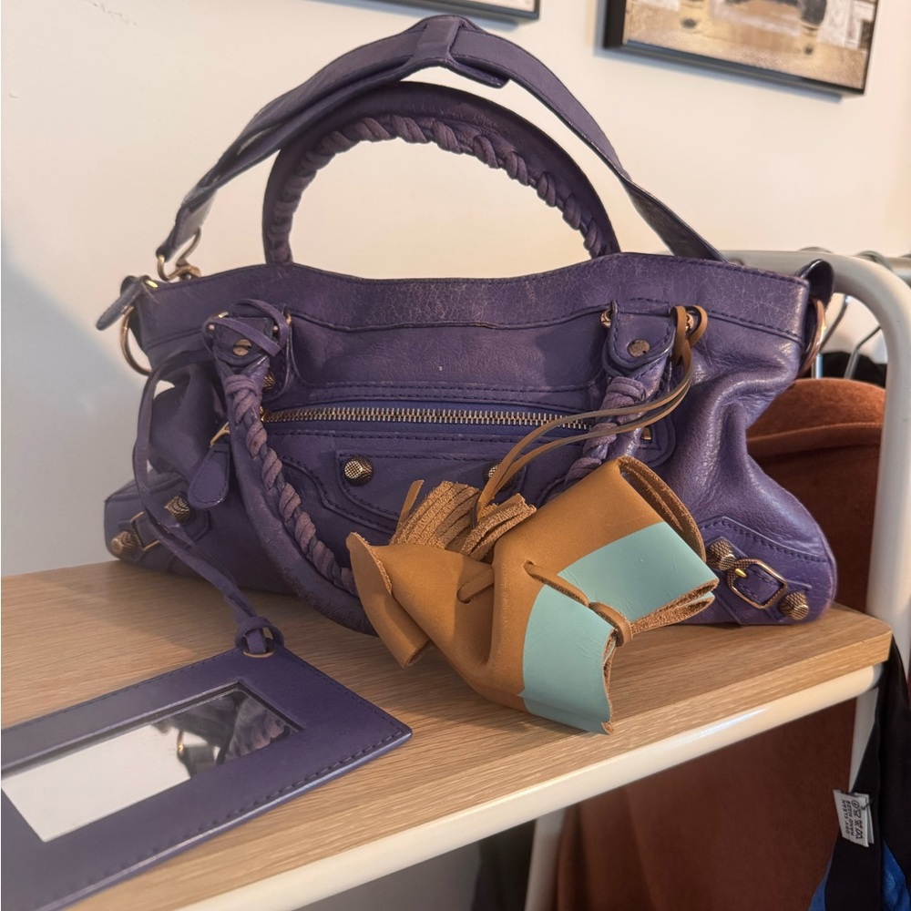 Balenciaga Purple Satchel with Tan and Blue Accents
